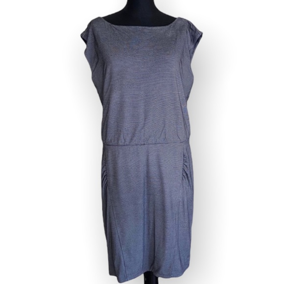 Athleta Dresses & Skirts - Athleta Dress Midi Drop Waist Short Sleeve Striped Grey Black Size Large